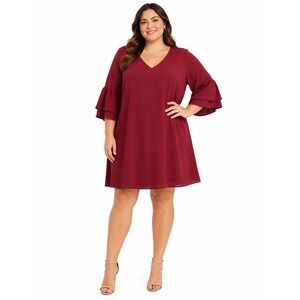 Belongsci‎ Shift Dress Plus XXL Burgundy Red V-Neck Bell Sleeve Ruffle Cuff New